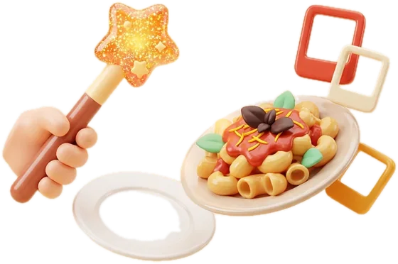 A magic wand turning an empty plate into pasta