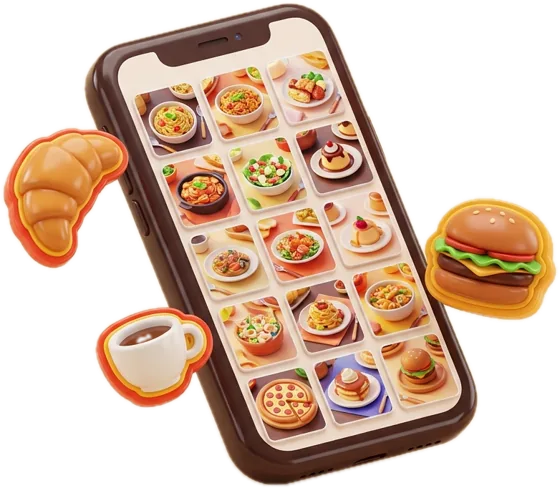 A phone showing a menu surrounded by food icons