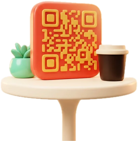 A QR code tile on a café table