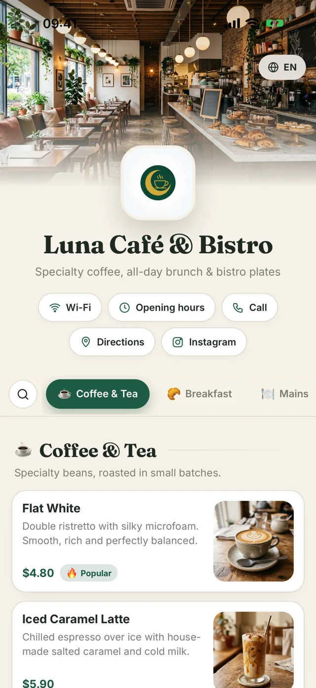 Luna Café & Bistro digital menu on a phone: cover photo, logo, Wi-Fi and opening hours buttons, and coffee dishes with photos and prices